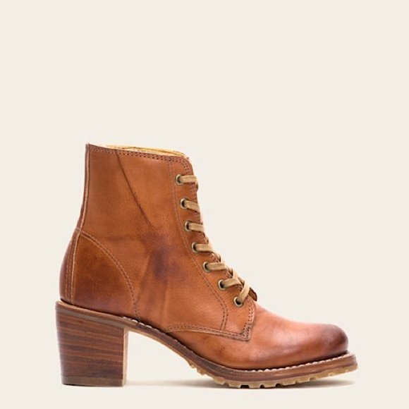 RARE Frye Sabrina 6G Lace Up Genuine Cognac Leather Classic Combat Ankle Boots - Picture 2 of 16